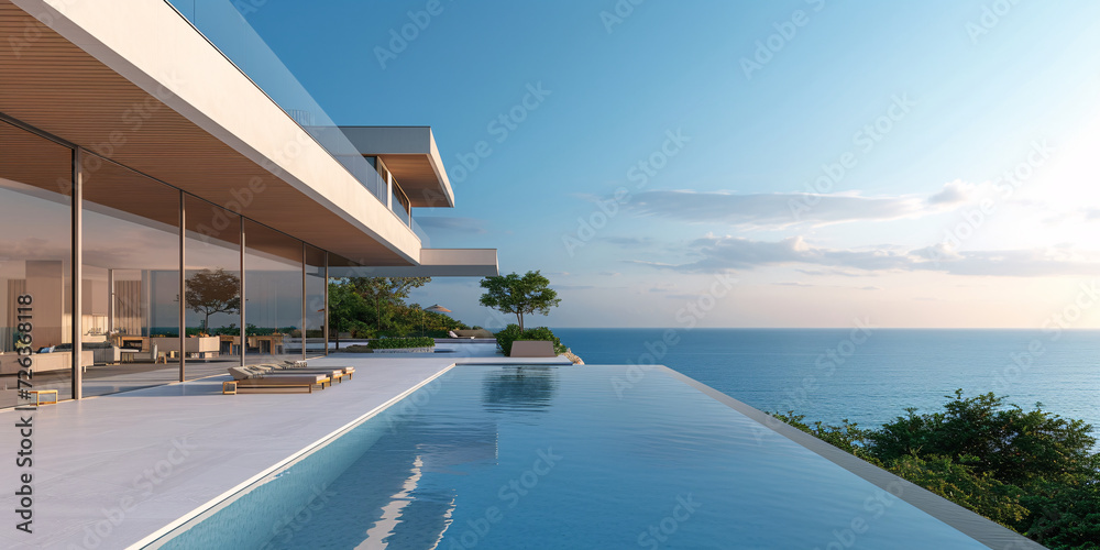 Modern Luxury Villa with Infinity Pool Overlooking Ocean at Sunset