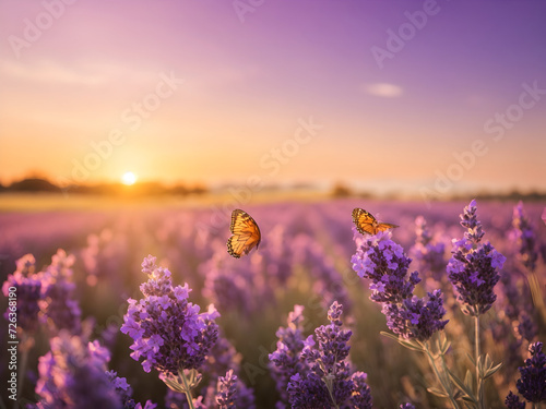 Wide field of lavender and butterfly in summer sunset, panorama blur background. Autumn or summer lavender background with butterflies.