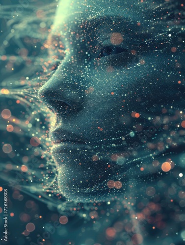 A sci fi face, the face consists of particles small dots, the whole image dreamy sci fi