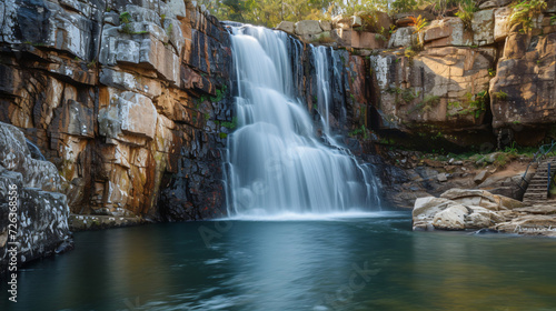 A majestic waterfall cascading over rugged cliffs into a serene pool below.