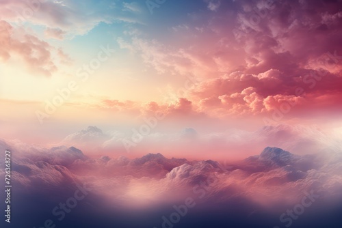 Beautiful pink sky clouds over mountain during sunset or sunrise. High Angle View. View on Mountains. Mountain Sky and Land Landscape.