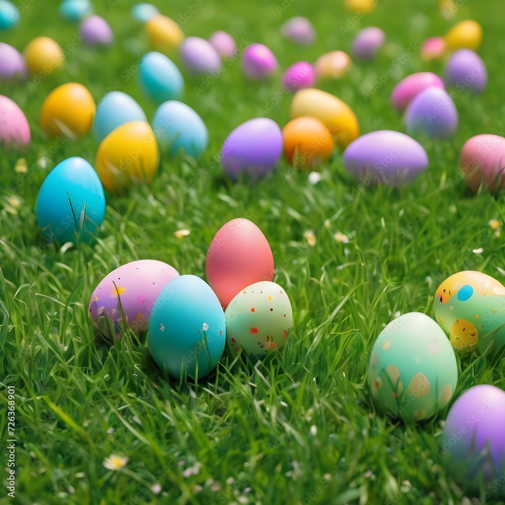 Easter eggs hiding in the grass In Flower Field