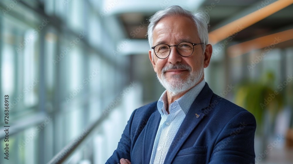 portrait of successful senior businessman consultant looking at camera and smiling inside modern office building