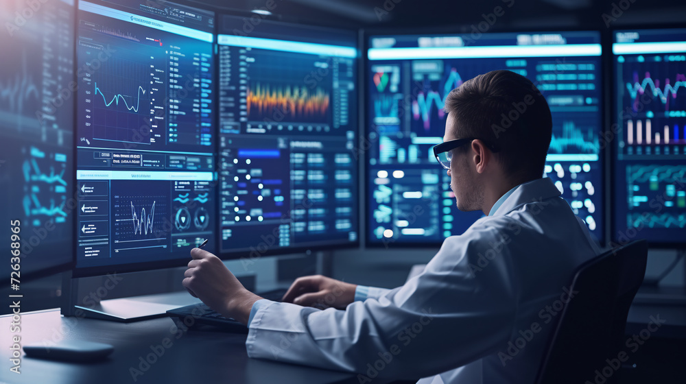 Professional Analyst Monitoring Data on Technology Screens Professional Analyst Monitoring Data on Technology Screens