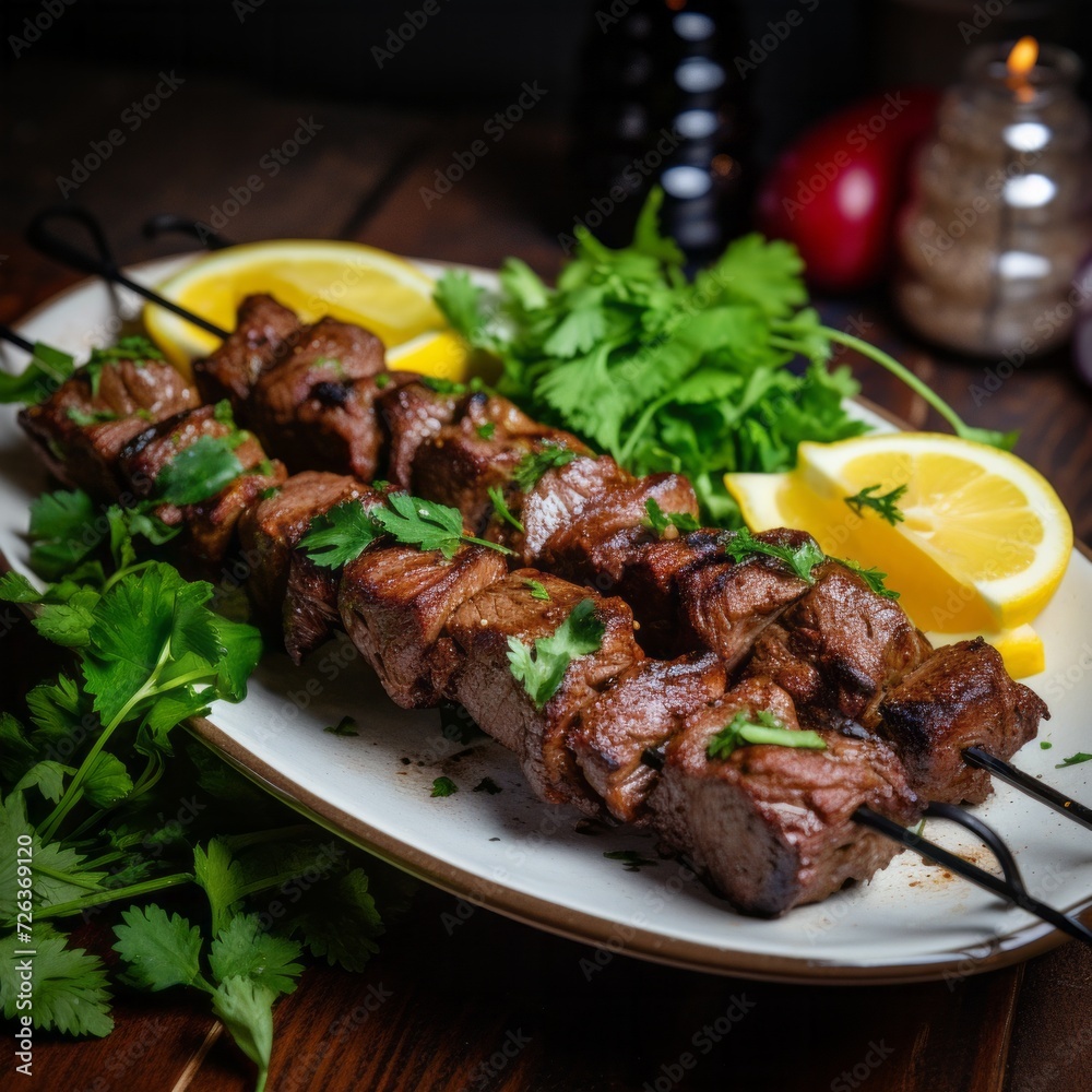 The grilled chicken teriyaki skewers, with char marks and a light glaze, are arranged in a row and ready to be served in this close-up shot