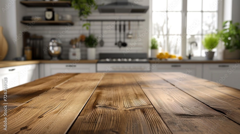 Wood table top on blur kitchen counter (room)background. Wood table top on blur kitchen counter (room)background.