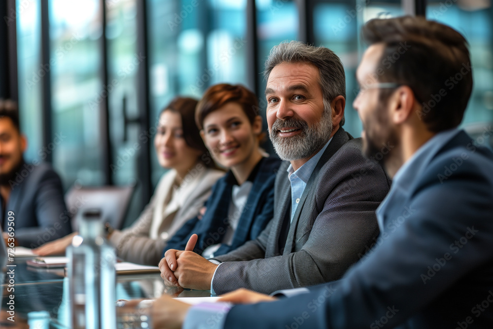 Corporate team working together in meeting room. Group of business people discussing in office Corporate team working together in meeting room. Group of business people discussing in office