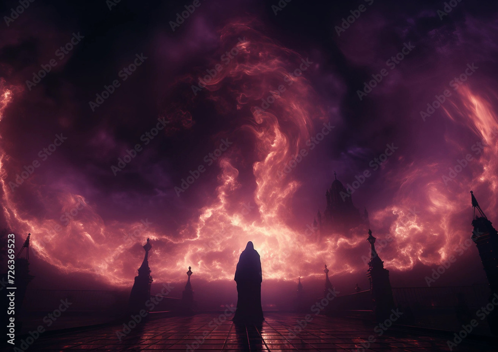 Fantasy Art of a Cloaked Figure Standing on a Bridge Looking at an Inferno in the Sky