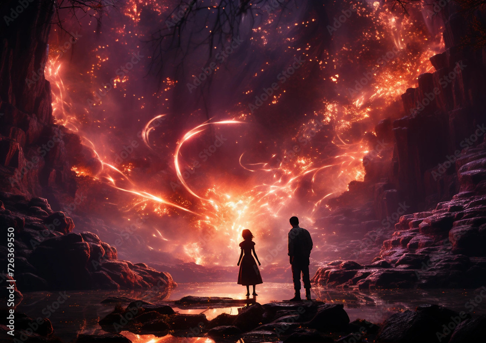 Fantasy Art of a Boy and Girl in a Canyon Looking at Magical Swirling Lights