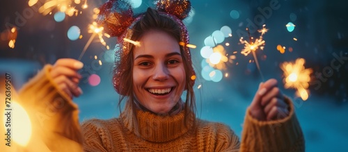 Festive woman wearing wig, earmuffs, and sweater with sparklers.