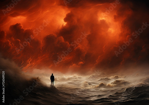Fantasy Art of a Person Standing in an Ocean While Looking at a Fiery Red Sky