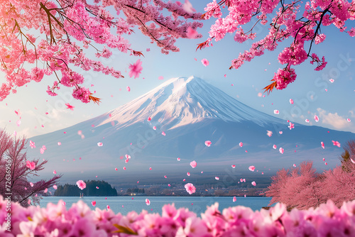 Beautiful view of Mount Fuji and cherry blossoms in spring. Nature and travel concept