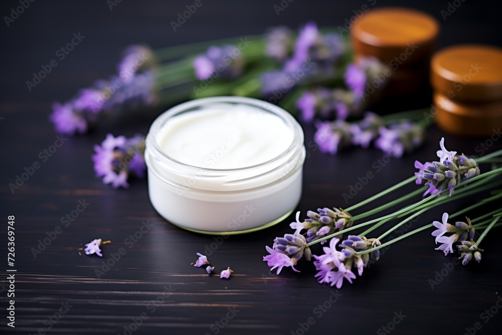 skincare creams with lavender flowers on a black countertop skincare creams with lavender flowers on a black countertop