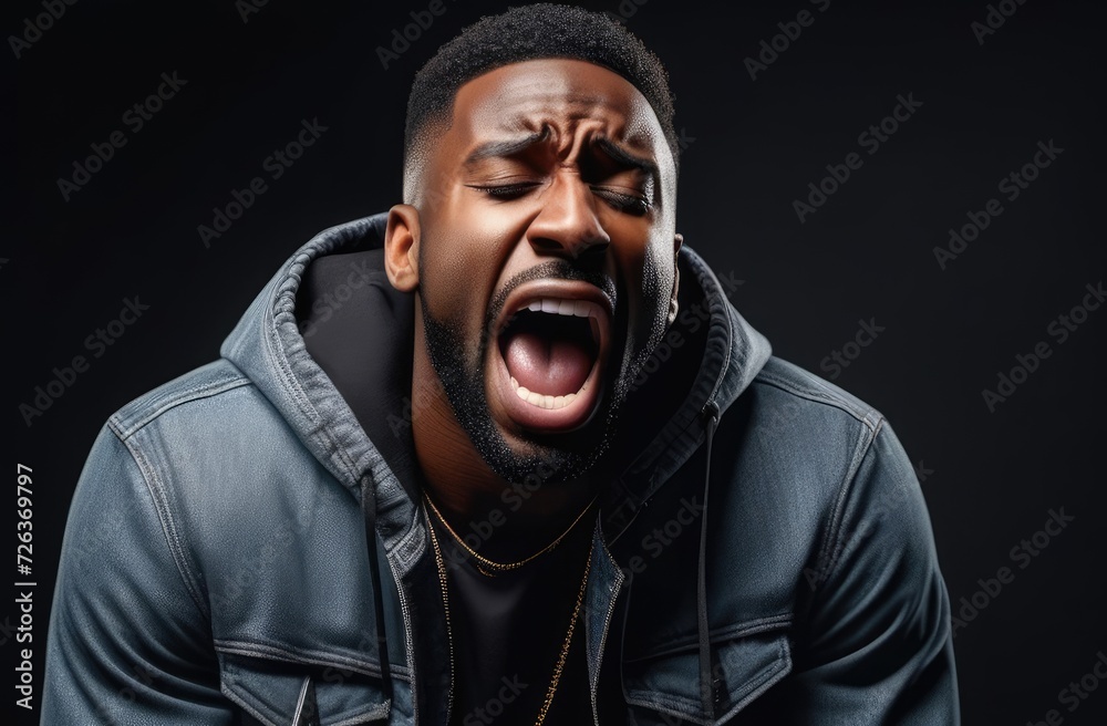 Fototapeta premium shock and emotional breakdown, depression. upset black man screaming, crying on dark background