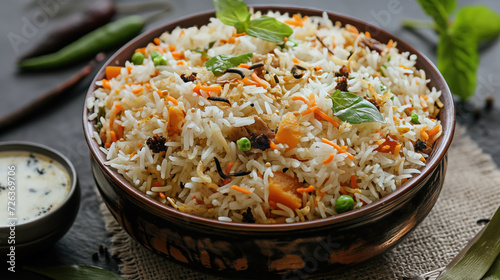 Aromatic Indian pulav with basmati rice and vegetables in a metal bowl