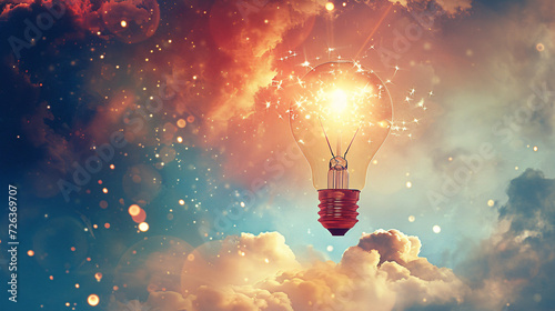 Rocketing Ideas, Light Bulb Launching towards the Stars in a Surreal and Cosmic Sky. photo