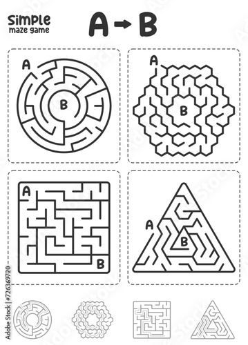 Set of simple mazes of different shapes for children. Round, hexagonal, square maze game. Brain teaser for kids