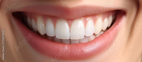 Close-up of a woman's perfect white crown teeth with dental care and stomatology, dentistry copyspace, including banner tooth whitening, shade guide bleach color, and female veneer smile. photo