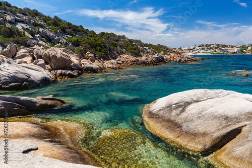 Mediterranean Shoreline View with Clear, Turquoise Ocean, Gentle Waves, Naturally Sculpted Coastal Granite Landscape: