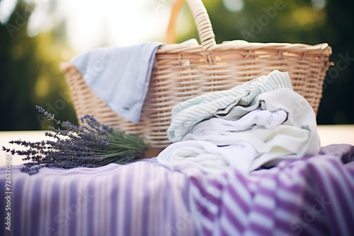 freshly laundered clothes in a basket beside blooming lavender