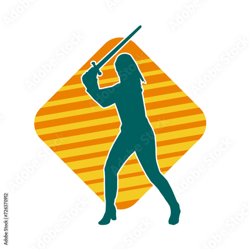 Silhouette of a female fighter in action pose carrying sword weapon.