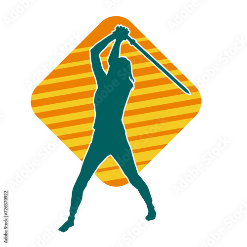 Silhouette of a female fighter in action pose carrying sword weapon.