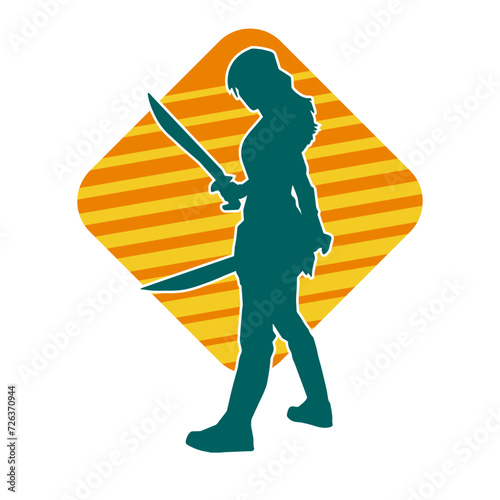 Silhouette of a female fighter in action pose carrying sword weapon.