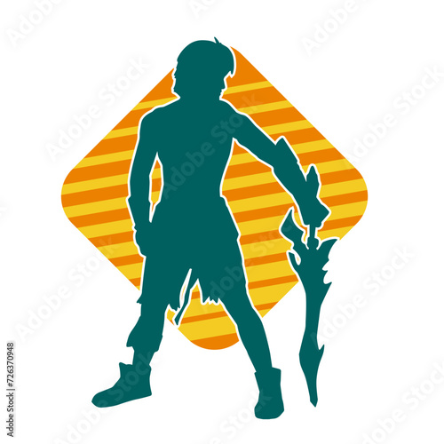 Silhouette of a male warrior in action pose with sword weapon. Silhouette of a man fighter carrying sword weapon.