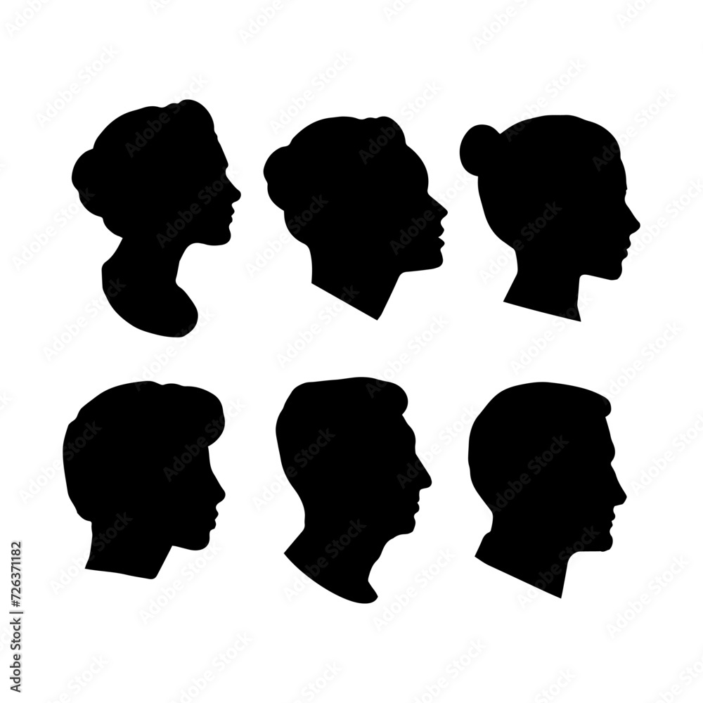 Set of silhouettes of people's heads. Vector silhouettes of women and men depicted in profile. Isolated background EPS 10.