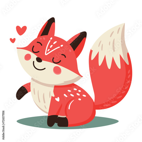 Playful and cute little fox with hearts, image in flat style, vector