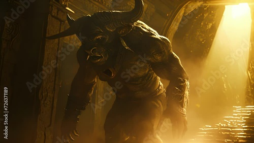 A single beam of light illuminates the minotaurs muscular body as it stands ready to defend its maze from any intruders. Fantasy animation photo