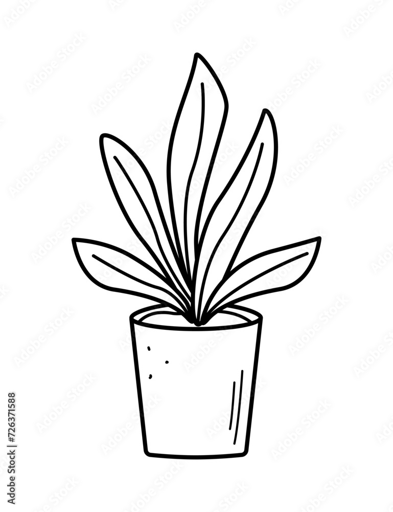 Green flower in a pot, vector illustration of the contour of a doodle plant, landscaping of the room Green flower in a pot, vector illustration of the contour of a doodle plant, landscaping of the room