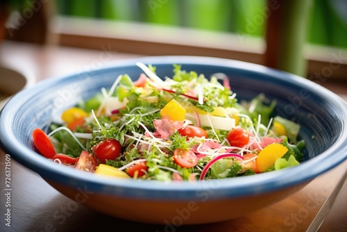 closeup of colorful salad with mixed greens and cherry tomatoes