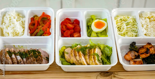 Healthy balanced diet delicious lunch box with vegetables, chicken. Homemade take away box with chicken for deliver ready meal, advert or package, close up selective focus