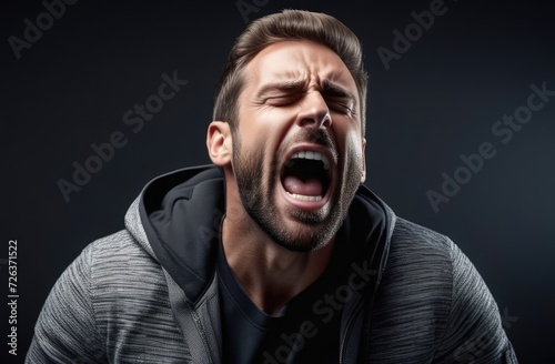 upset Caucasian man screaming, crying outdoors. shock and emotional breakdown, depression.