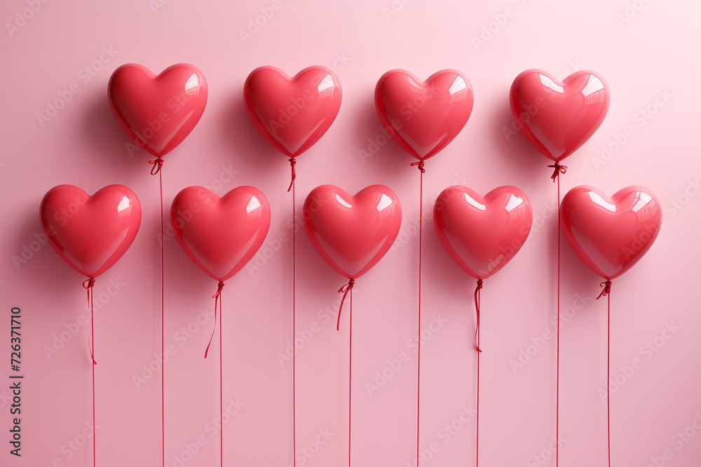 Heart shaped balloons on a pink background. Valentine's Day.