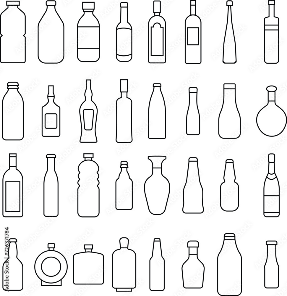 Set of Water bottles icons in line Style. Container water bottle signs editable stock. Alcohol Beverage Bar Drink Concept. Glass beer shapes symbols. Vectors images isolated on transparent background. Set of Water bottles icons in line Style. Container water bottle signs editable stock. Alcohol Beverage Bar Drink Concept. Glass beer shapes symbols. Vectors images isolated on transparent background.