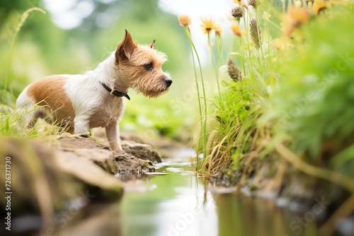 small terrier dog investigating plants at brook edge photo