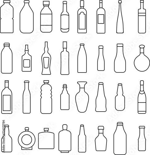 Set of Water bottles icons in line Style. Container water bottle signs editable stock. Alcohol Beverage Bar Drink Concept. Glass beer shapes symbols. Vectors images isolated on transparent background.