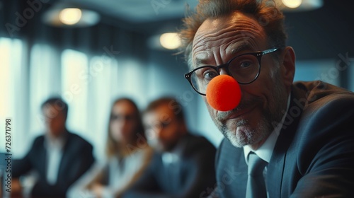 Serious Man in Business Attire Sports a Playful Red Clown Nose. Humorous Twist To The Corporate Environment. Blurred Office Background with copy space. AI Generated