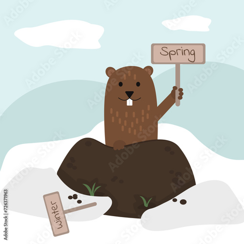 Groundhog Day illustration. Card with marmot peeks out of a hole and holding a sign with the inscription spring and another such winter one lying around