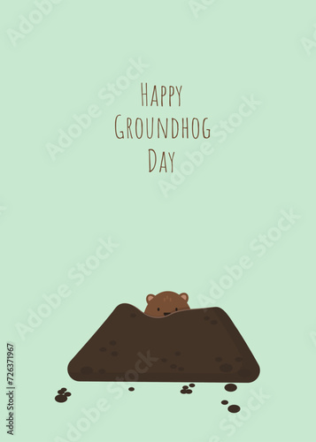 Happy Groundhog Day banner. Illustration with a cute marmot's head in a hole 