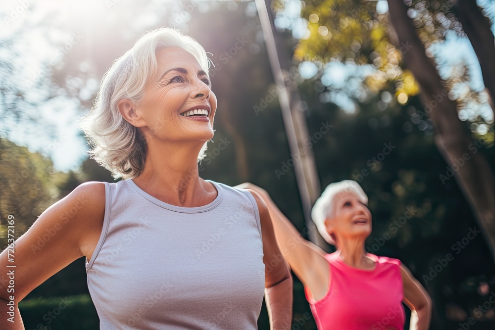 Fototapeta premium A group of mature women doing a workout in the park on a sunny day.
