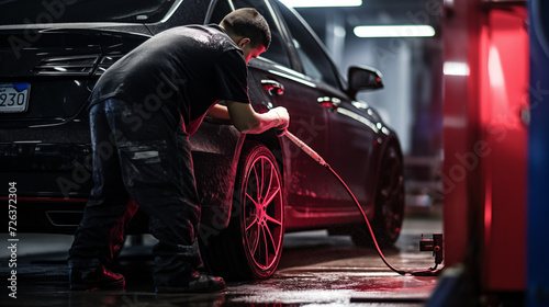 In a bustling car wash, dedicated employees meticulously clean and polish vehicles. Some scrub the exterior, while others vacuum the interiors.