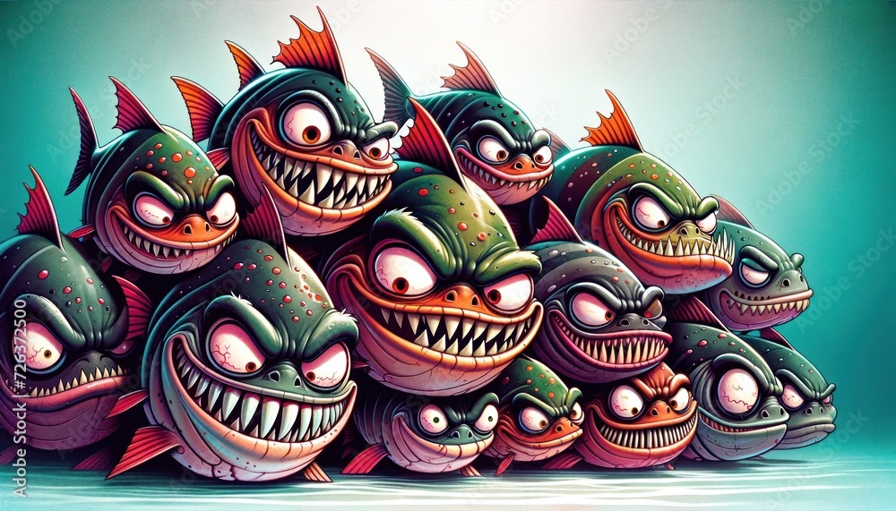 A humorous and slightly menacing illustration of cartoon piranhas looking directly at the camera with exaggerated evil grins.