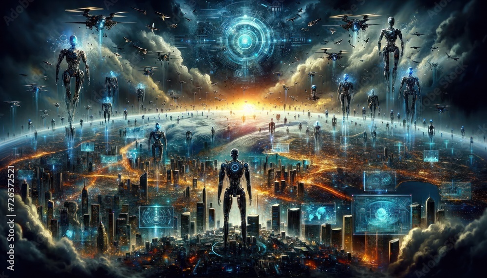 Obraz premium A dramatic and intense scene of artificial intelligence taking over Earth, with advanced robotic entities and AI systems imposingly standing over major world cities