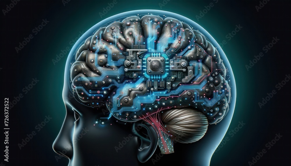 Obraz premium A futuristic brain implant, seamlessly integrated into the human brain