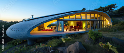 Futuristic smooth flowing hyperbolic paraboloid sustainable concrete eco home with photovoltaic solar panels. High-end home, wide isolated shot, sustainable design, blue hour