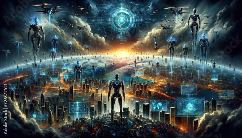 A dramatic and intense scene of artificial intelligence taking over Earth, with advanced robotic entities and AI systems imposingly standing over major world cities #726372521