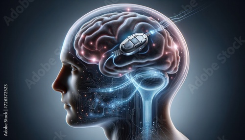 A conceptual visualization of a neural interface implant within the human brain, highlighting a sleek and sophisticated device that merges technology with biology photo